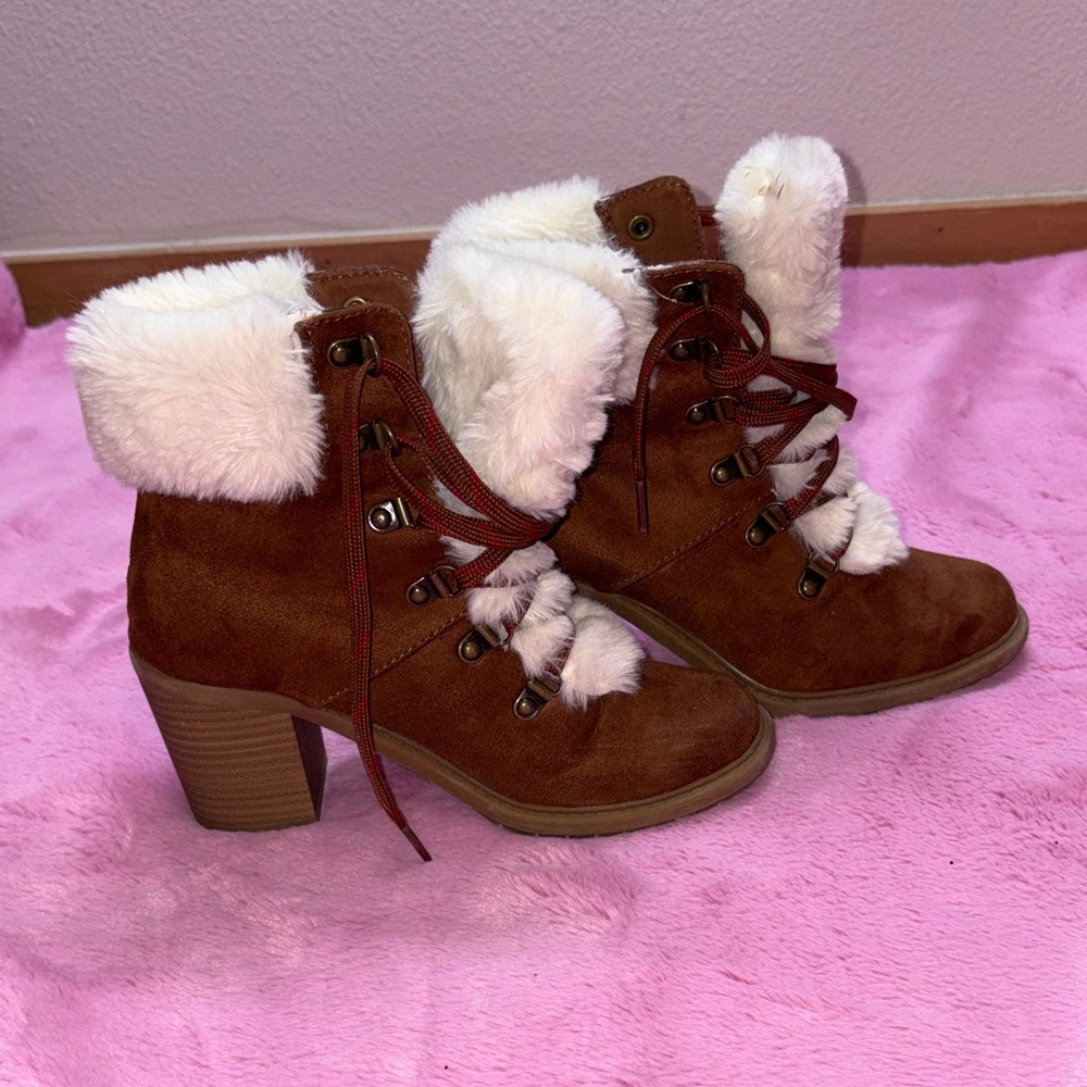 Target Women's Brown Suede Ankle Boots with white Faux Fur Lining